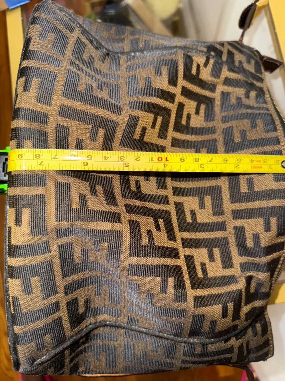 Authentic FENDI Zucca Canvas Top Handle Arm Vanity Bag Black Brown